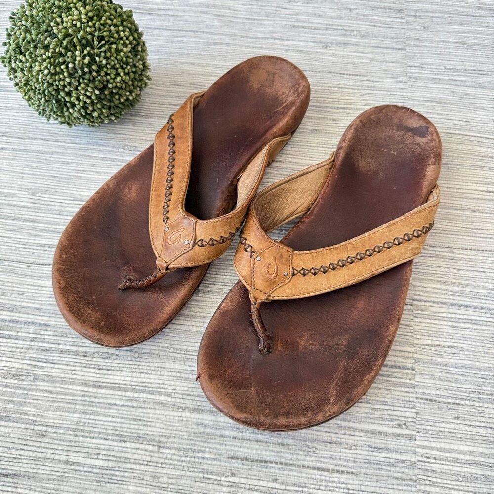 OluKai Mea Ola Leather Sandals Tan Dark Java Size 10